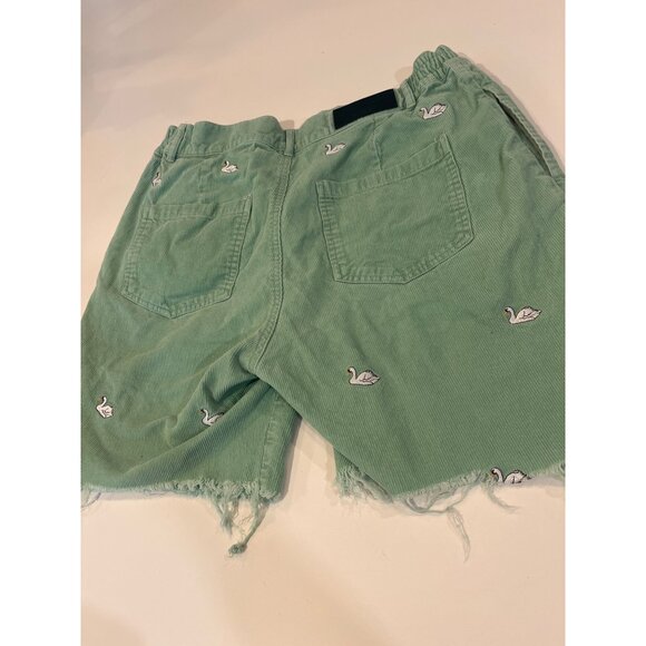 Lazy Oaf Swamy Song Green Corduroy Swan Embroidered Frayed Hem Shorts 34 - Picture 5 of 9